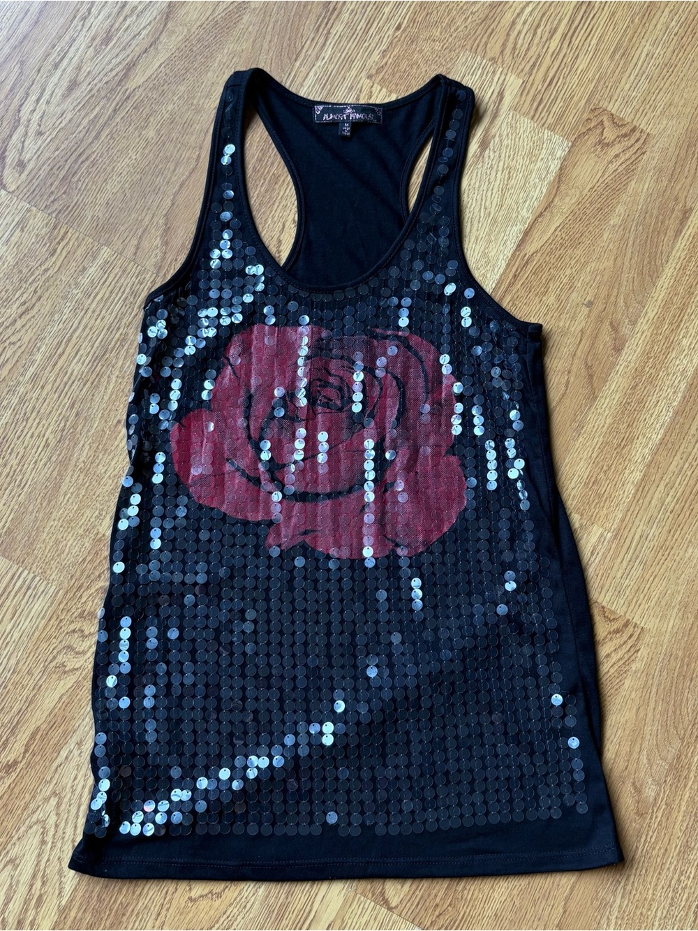 Almost Famous Y2K Black Sequin Racerback Tank Top Red Rose Graphic Vintage Sz M